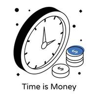 Clock with coins, isometric icon of time is money