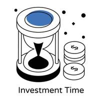 Hourglass with coins, isometric icon of investment time vector