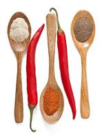 Various of hot spices in wooden spoons photo