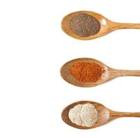 Various of hot spices in wooden spoons photo