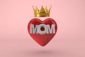 Mothers days. Red heart with text mom with golden crown. The queen of the house, 3D Render photo