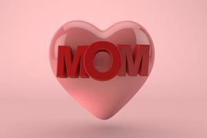 happy mothers day a big heart with mom text and pink background. 3D Render photo