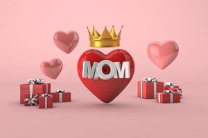 mamá es una reina, concepto de día de la madre feliz con corazón rojo, cajas de regalo y corona de oro. renderizado 3d foto