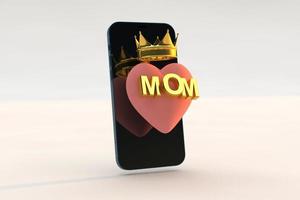 Queen mom concept, digital happy mothers day with smartphone, pink heart and gold text . 3d render