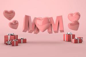 Pink mom text. Mothers day concept on pastel background with red gift boxes and hearts. 3D render photo