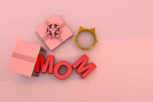 Surprise for mothers day. text mom 3D render. A gift box with a crown on pink background