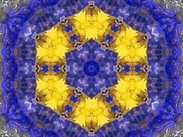 Reflection of colorful flowers in kaleidoscope pattern. Yellow and blue abstract background. Free photo. photo