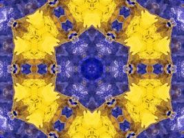 Reflection of colorful flowers in kaleidoscope pattern. Yellow and blue abstract background. Free photo. photo