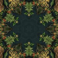 Dark green abstract rectangular background. Spruce kaleidoscope pattern. Free background. photo