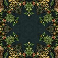 Dark green abstract rectangular background. Spruce kaleidoscope pattern. Free background. photo