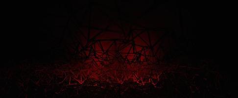 Ominous abstract cave with crimson highlights. Creepy geometric web with 3d render weaves and hellish red flashes. Forgotten cursed tunnel with intricate passages. photo