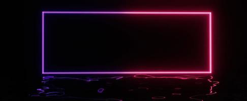 marco brillante de neón con reflejo púrpura. banner de degradado rectangular con brillo de renderizado 3d y reflejos en la superficie oscura. valla publicitaria cibernética digital con iluminación ultravioleta y diseño de estructura alámbrica futurista