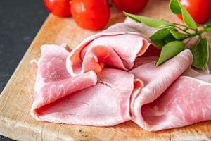 ham pork slice meat appetizer fresh healthy meal food snack diet on the table copy space food
