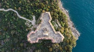 Aerial drone view of a beautiful semi island in the middle of the lake with a fortress. Beautiful colors in water and amazing landscape. Travel the world and find the wonders. Holidays are coming. photo