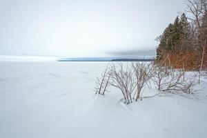 Frozen Lakeshore Panorama in Winter photo