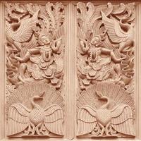 Traditional Thai style wood carving on the wall of Temple in Thailand photo