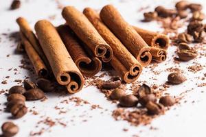Cinnamon sticks, coffe beans and particles of chocolate