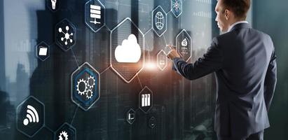 Futuristic Display. Cloud computing touchscreen interface business man finger touch cloud photo
