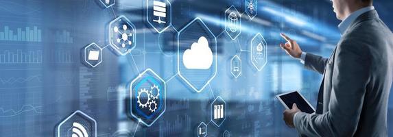 Futuristic Display. Cloud computing touchscreen interface business man finger touch cloud photo