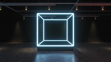 3D render Glowing neon lighting on floor reflection for future premium product or technology photo