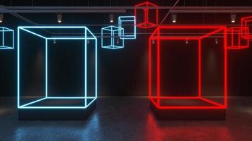3D render Glowing neon lighting on floor reflection for future premium product or technology photo