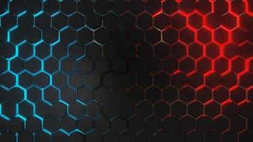 3D render Dark grey hexagon abstract technology background with blue and red colored bright lighting under hexagon photo