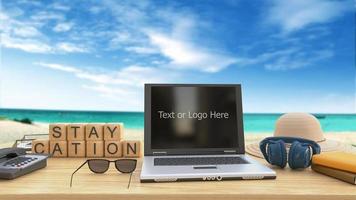 Computadora portátil de renderizado 3d para usar en estancias y accesorios de entretenimiento de viaje para relajarse en la playa y el fondo del mar, incluye una ruta de recorte para agregar texto o logotipo foto