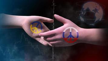 3D render Shaking hand have Peace Sign Russia and Ukraine flags in Background for good relationship and no war photo