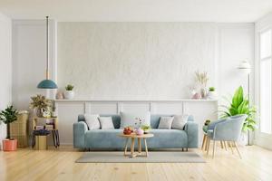 White plaster wall living room have sofa and armchair. photo