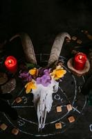 scull de cabra blanca con cuernos, flores, libro viejo abierto, velas en la mesa de brujas. foto