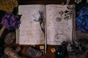 Open old book with magic spells, runes, black candle photo