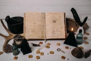 Open old book with magic spells, runes, black candle photo