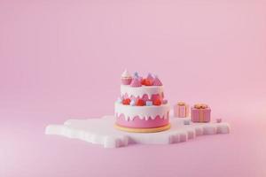 Minimal pink cake and white icing with red strawberry, marshmallow topping in the box greeting card for valentine day and celebration photo