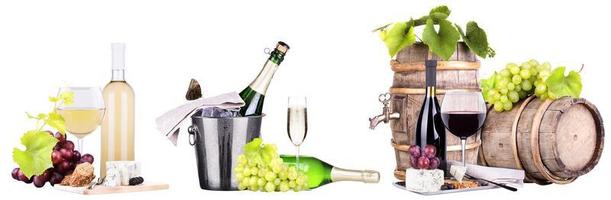 champagne, red and white wine with,ice bucket,food,grapes isolated over white background photo