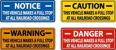 se detiene en todos los cruces de ferrocarril etiqueta signo sobre fondo blanco. vector