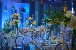 Table set for wedding or another catered event dinner. Shallow dof photo