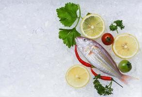 Fresh fish seafood plate with lemon parsley on ice background photo