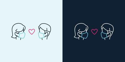Hand draw outline portrait of couple in face masks. A woman and a man faces with heart vector illustration.