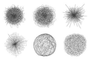 Tangled chaos abstract hand drawn messy scribble ball vector illustration set.