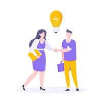 Two people shaking hands together and have an idea flat style design vector illustration.
