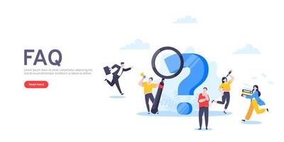 Q and A or FAQ concept with tiny people characters, big question mark, frequently asked questions template. vector