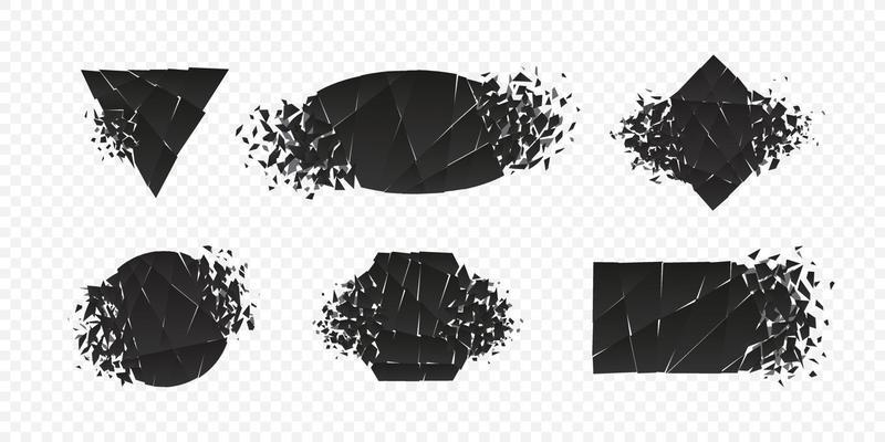 Shape explosion broken and shattered flat style design vector illustration set isolated on transparent background.