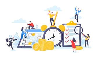 Time is money or saving money business concept. Tiny people working with clock, calendar schedule and checklist symbol. vector