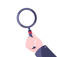 Hand holds magnifying glass flat style design icon sign vector illustration