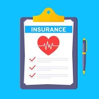 Clipboard with medical insurance claim form on it, paper sheets, pen isolated on blue background.