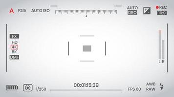 Ilustración de vector de diseño de estilo plano de grabadora de marco de foto o video de visor de cámara. visor de cámara digital con ajustes de exposición y plantilla de cuadrícula de enfoque.