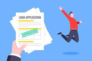 Hand holds loan approval application paper sheets document. vector