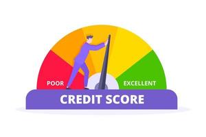 Man pushes credit score arrow gauge speedometer indicator with color levels. vector