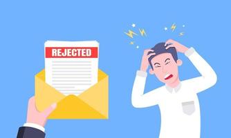 Sad man and an envelope with rejected application form flat style design vector illustration.