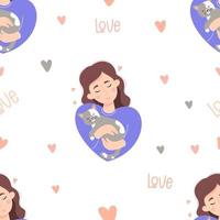 Seamless pattern with cute beautiful girl in love with hairstyle hugging sleeping gray cat. Vector illustration. For design, decor, wallpaper, print and packaging